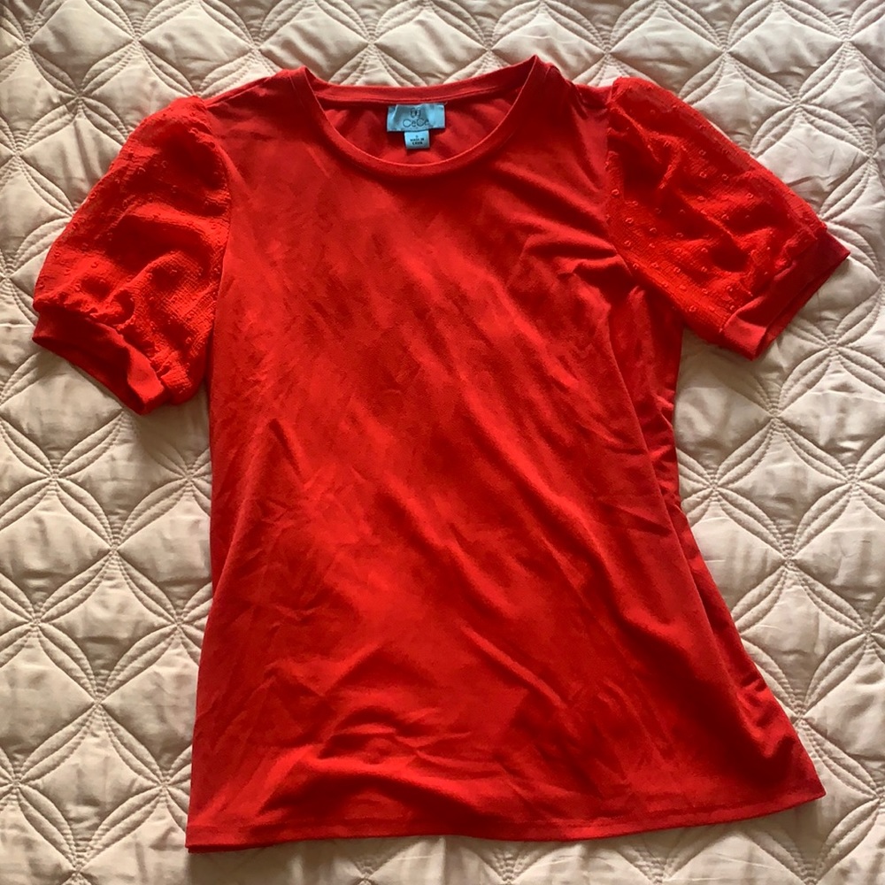 CeCe Puffed Sleeve Mixed Media Top